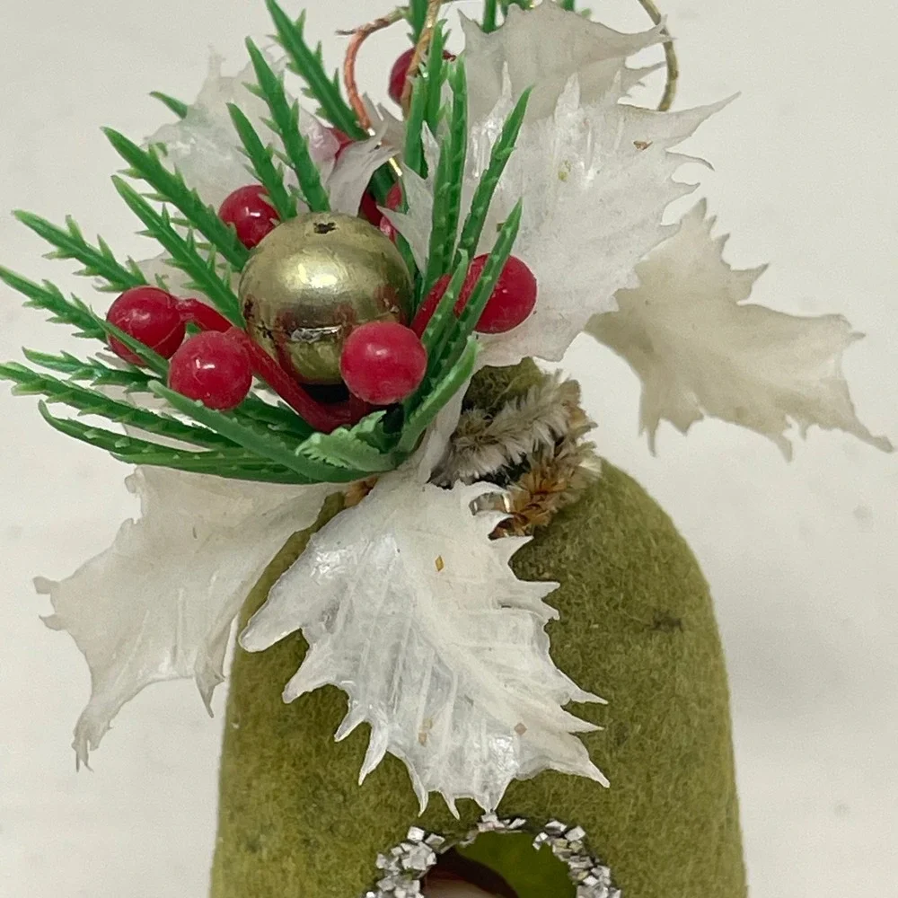 Vintage 1976 Felt Christmas Bell Ornament Pixie Elf Figure Green Red Handmade